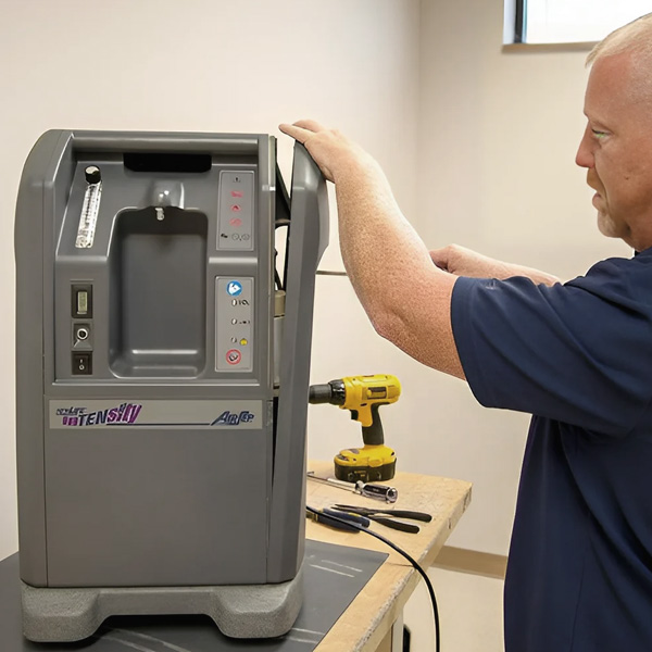 Oxyfix technician working on an oxygen concentrator