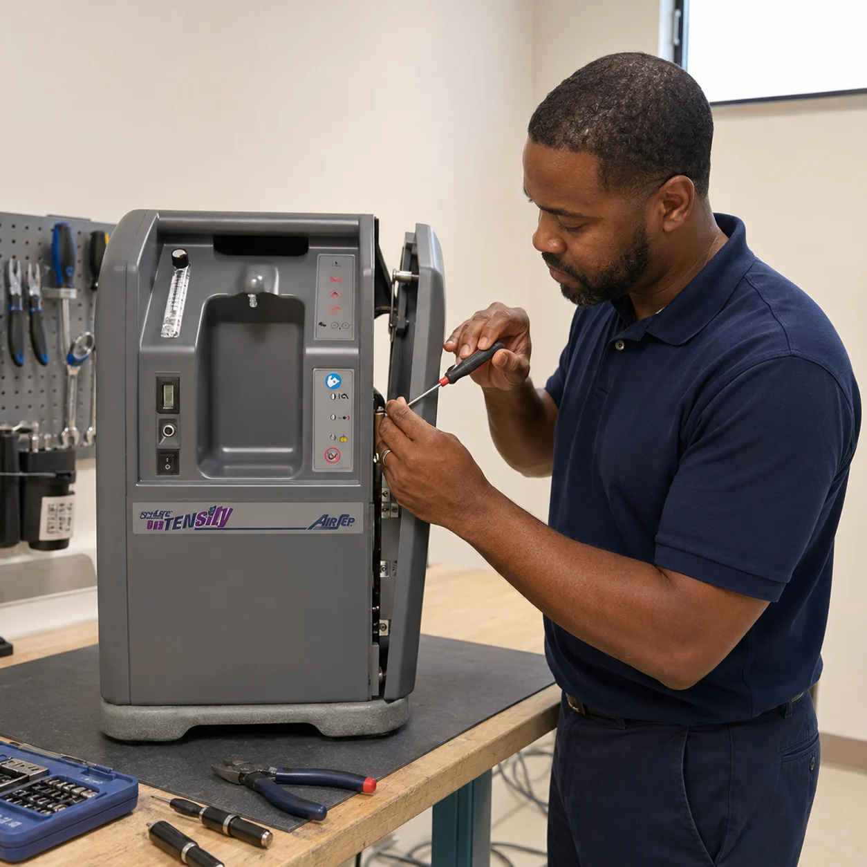 Oxyfix technician repairing an oxygen concentrator